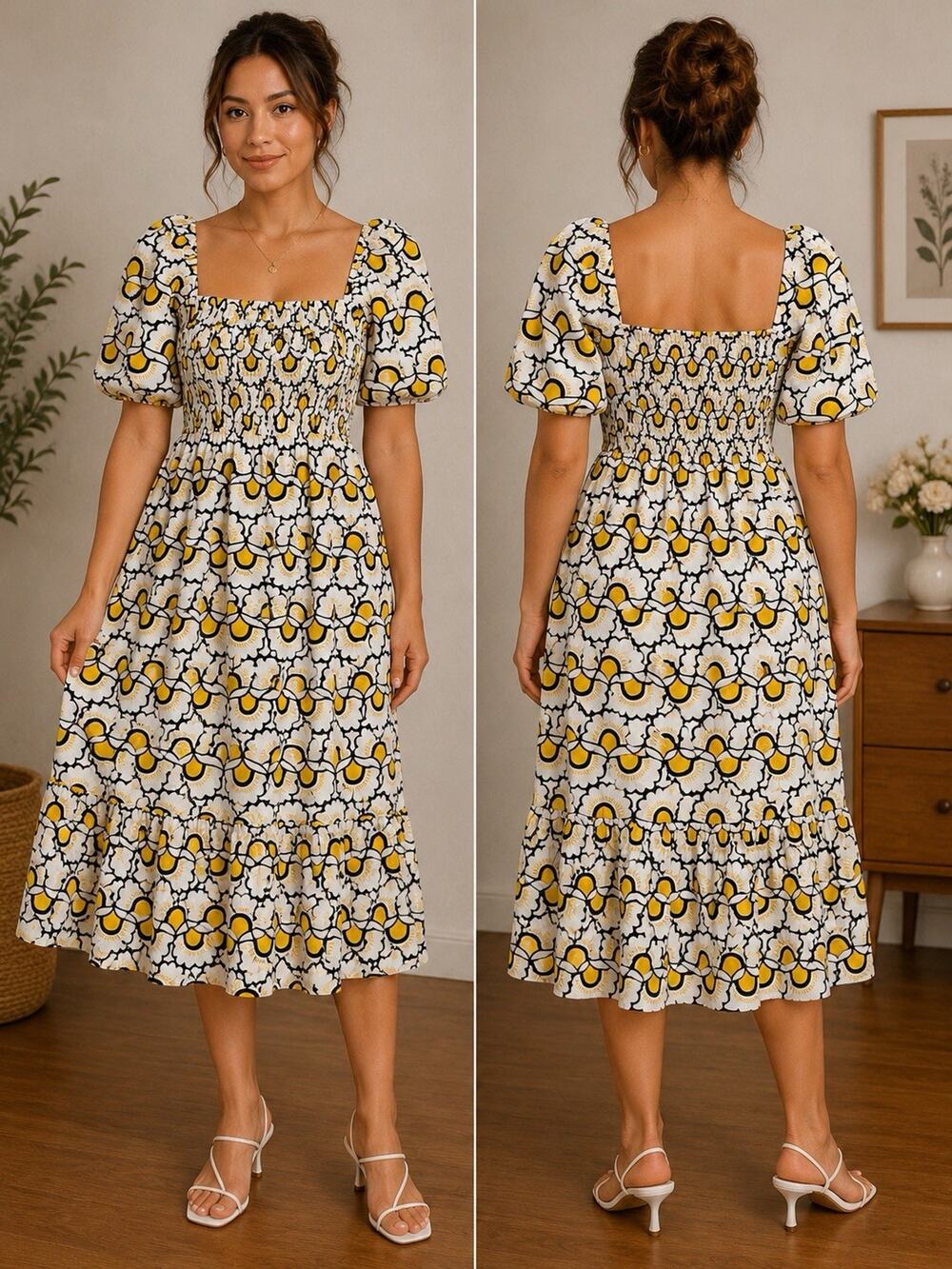 Retro Floral Puff Sleeve Midi Dress Smocked Boho Size Medium